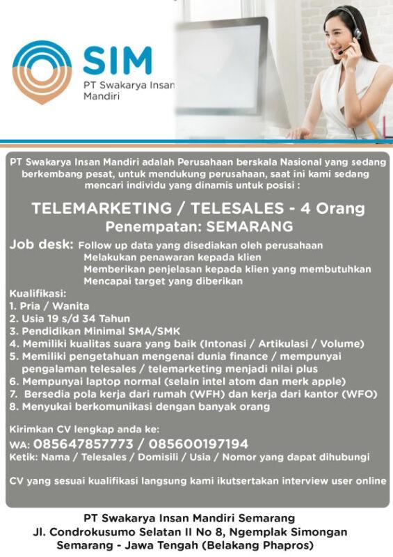 Lowongan Kerja Telesales/ Telemarketing di PT. Swakarya Insan Mandiri