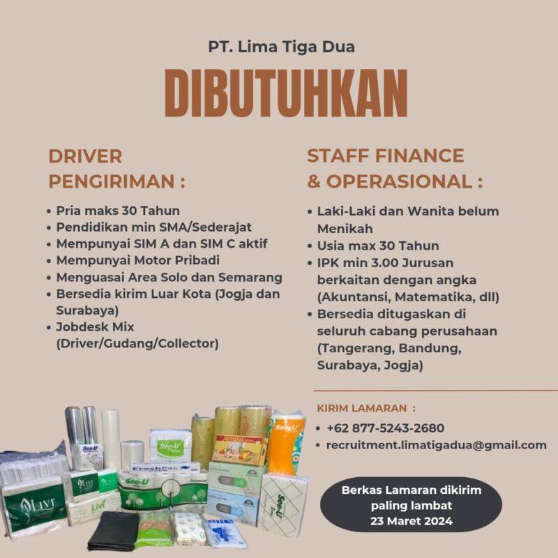 Lowongan Kerja Driver Pengiriman - Staff Finance & Operasional di PT