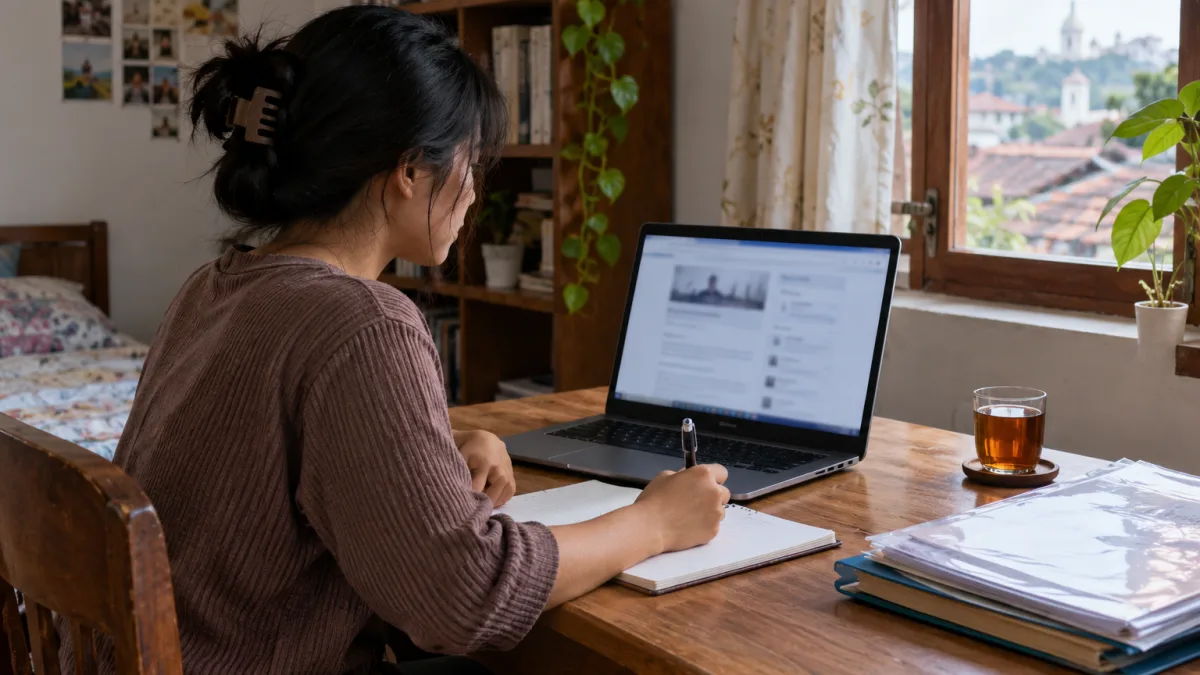 Pencari kerja muda membaca iklan lowongan di laptop sambil mencatat syarat di buku catatan