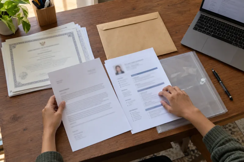 Pencari kerja menyusun berkas lamaran berisi surat, CV, dan salinan ijazah di meja dekat laptop